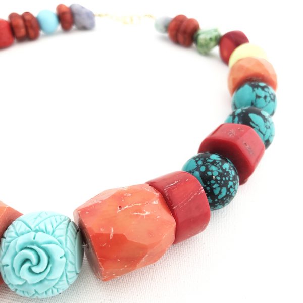 Collana in corallo bambù, pasta di turchese e agata